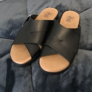 Black and Tan wedge sandals